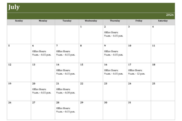 Calendar showing Devine Physical Therapy's hours for July 2026.