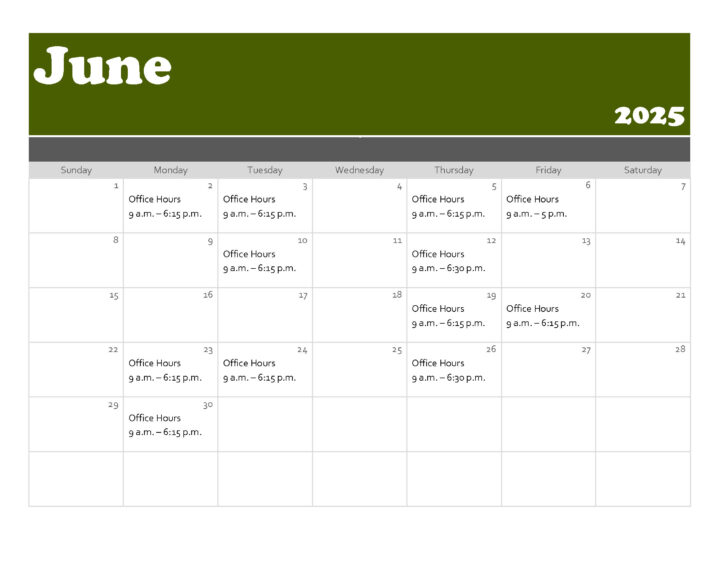 Downloadable calendar showing June 2025 appointment hours.